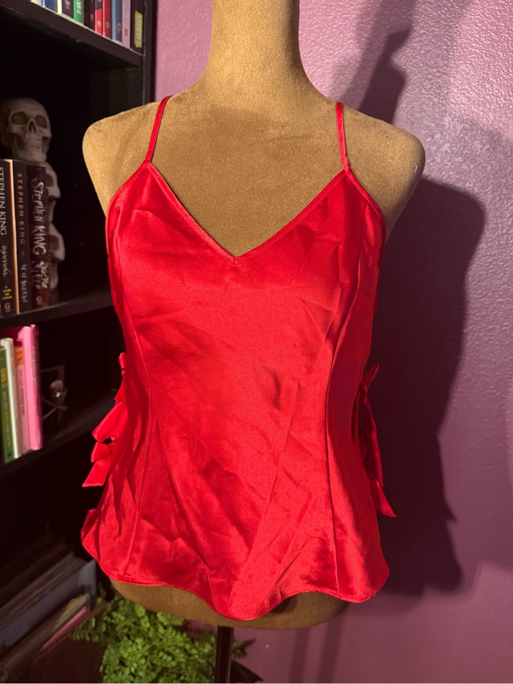 Y2K Fredrick’s Red Satin Spaghetti Strap Top with Side Bows